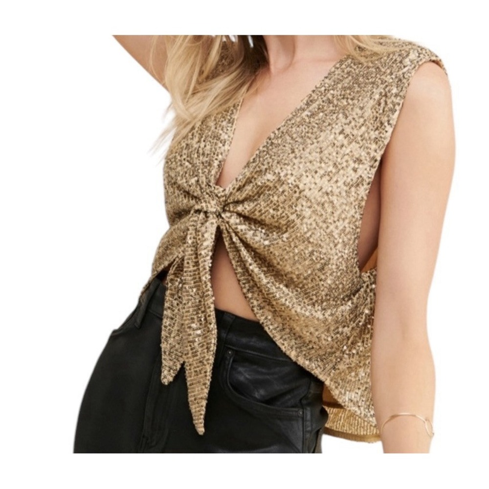 FREE PEOPLE Top Women Small Gold Sequin Party Holiday Festival‎ Disco Bright